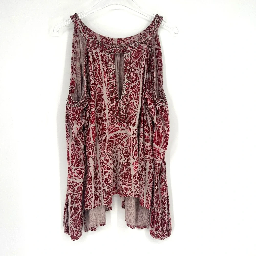 Free People Top Womens‎ S Red Cold Shoulder Long Boho Hippie Peasant Festival
